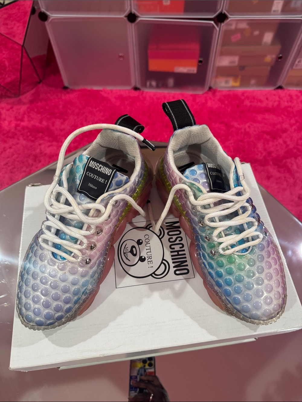 Moschino Womans Multicolor Bubble-Effect Sneakers with White Laces